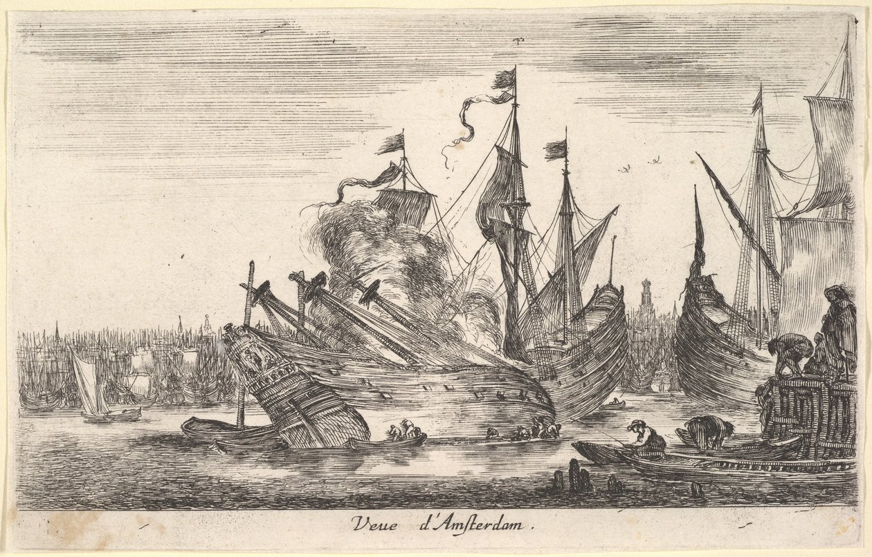 Ansicht des Amsterdamer Hafens, Männer in Ruderbooten arbeiten an einem Schiff, 1647 von Stefano della Bella