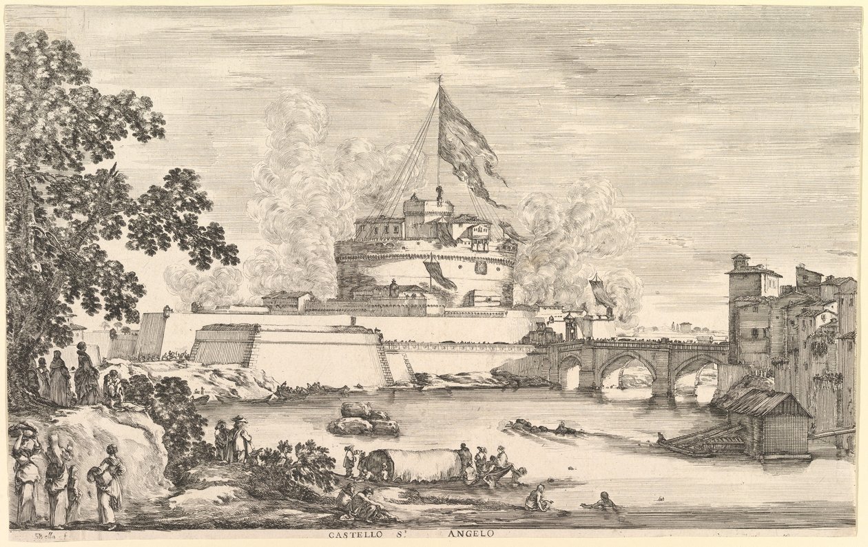 Ansicht des Tiberflusses, ein großer Baum links, zwei Frauengruppen links im Vordergrund, ca. 1656 von Stefano della Bella