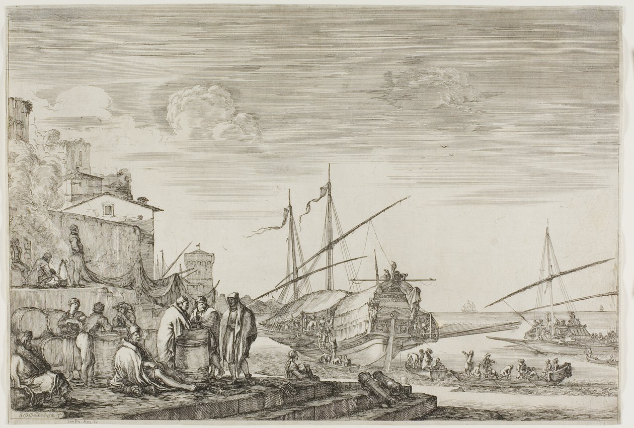 Ansichten des Hafens von Livorno: Häuser mit Blick auf einen Hafen von Stefano della Bella