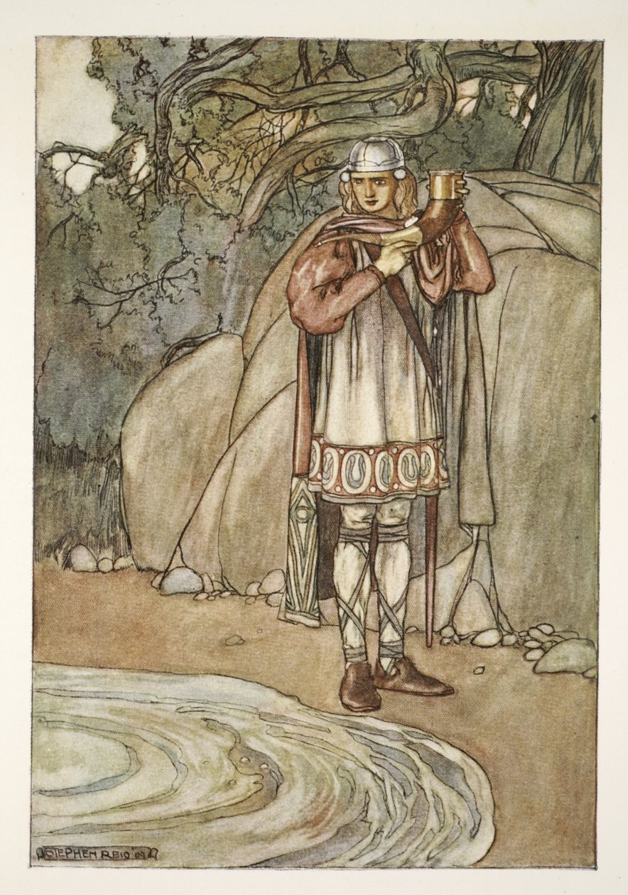 Dermot nahm das Horn und wollte es füllen, Illustration aus 