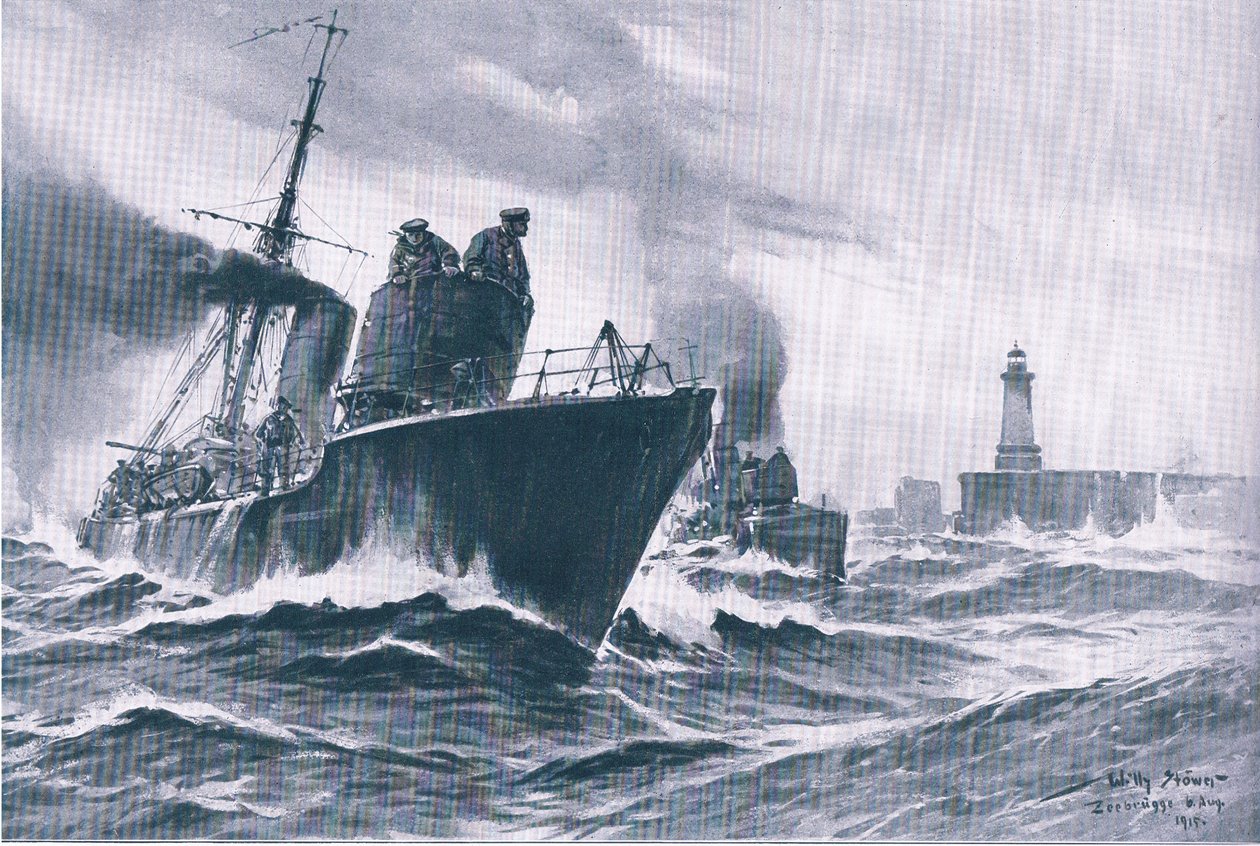 Patrouillenboote und Minensucher, die aus dem Hafen von Zeebrugge auslaufen, aus Die illustrierte Geschichte des Weltkriegs 1914-1915, veröffentlicht von Union Berlagsefellfchaft von Willy Stoewer 