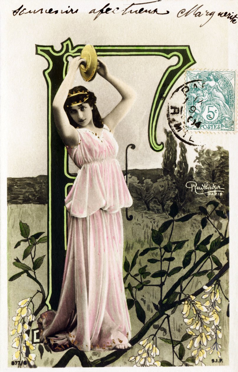 F: Mlle Beauregard, Künstlerin aus den 1900er Jahren - Alphabet auf Postkarte von Studio Reutlinger
