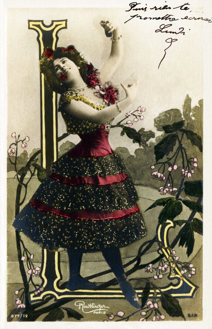 L: Luz Chavita, Schauspielerin und Tänzerin aus der Belle Époque - Opéra Comique, Paris - Alphabet in Postkarte von Studio Reutlinger