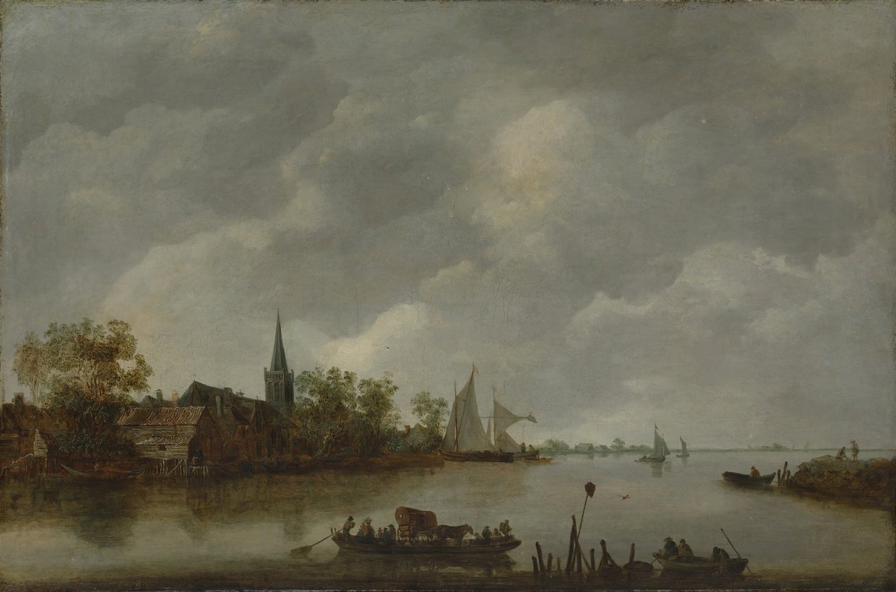 Flussansicht mit Dorfkirche von Style of Jan van Goyen