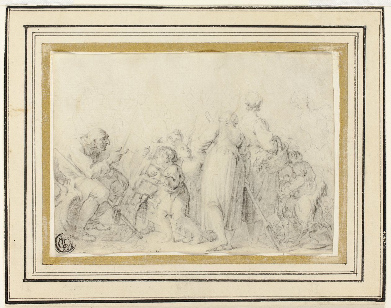 Genreszene mit altem Mann, Bäuerinnen und Kindern von Style of Jean Baptiste Greuze