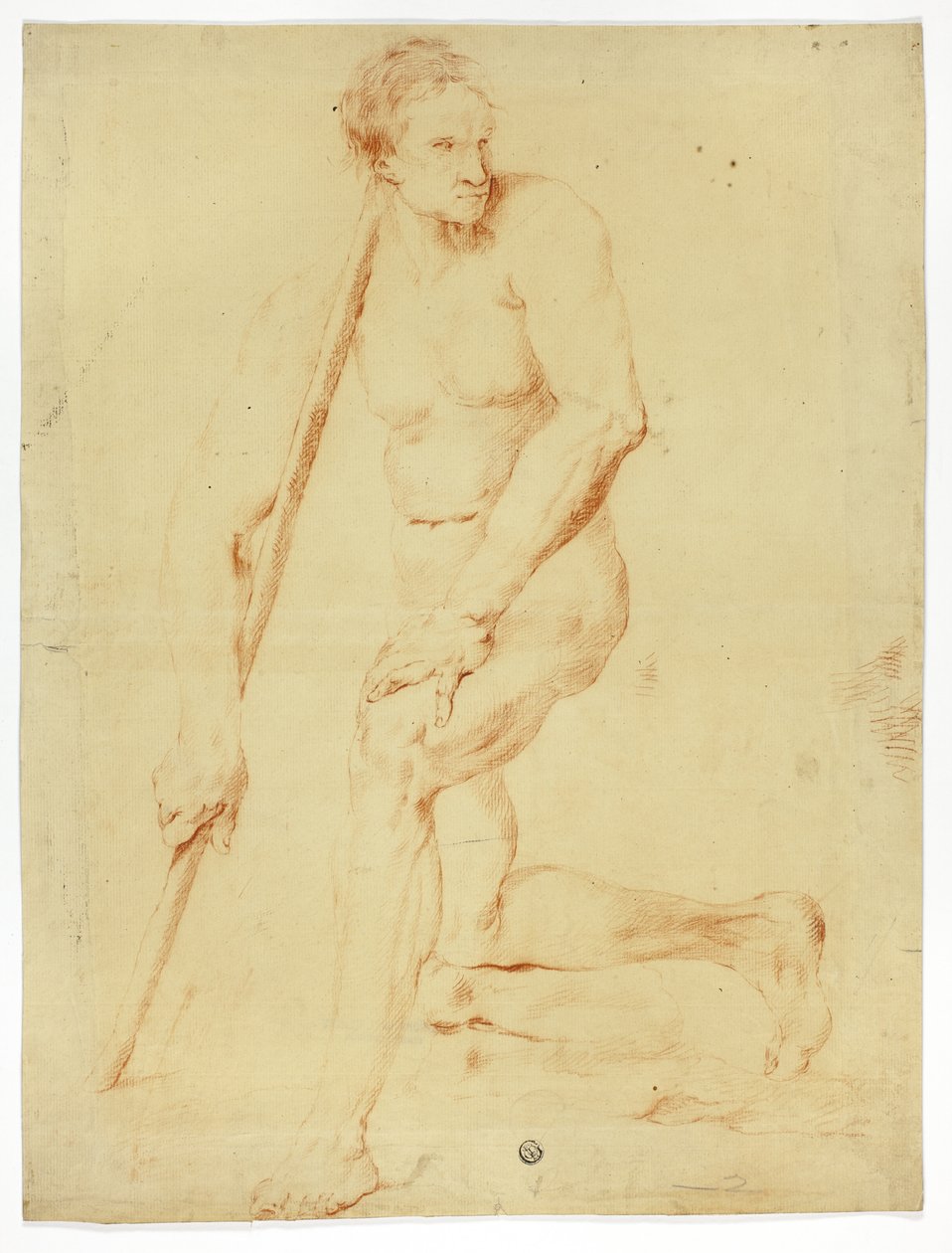 Akademischer männlicher Akt, auf einen Stab gelehnt von Style of Pompeo Girolamo Batoni