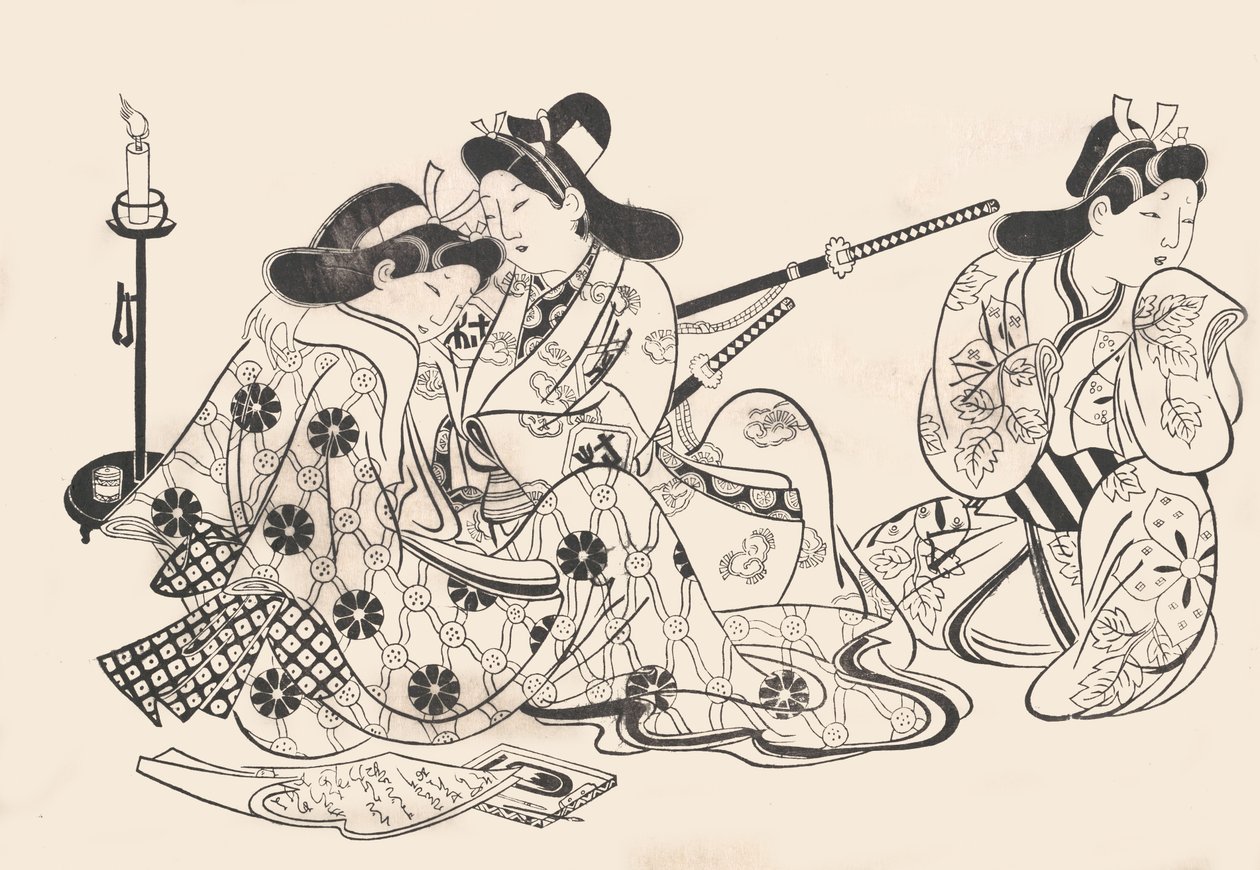 Samurai und Kurtisane sitzen, ein Diener neben ihnen von Sugimura Jihei