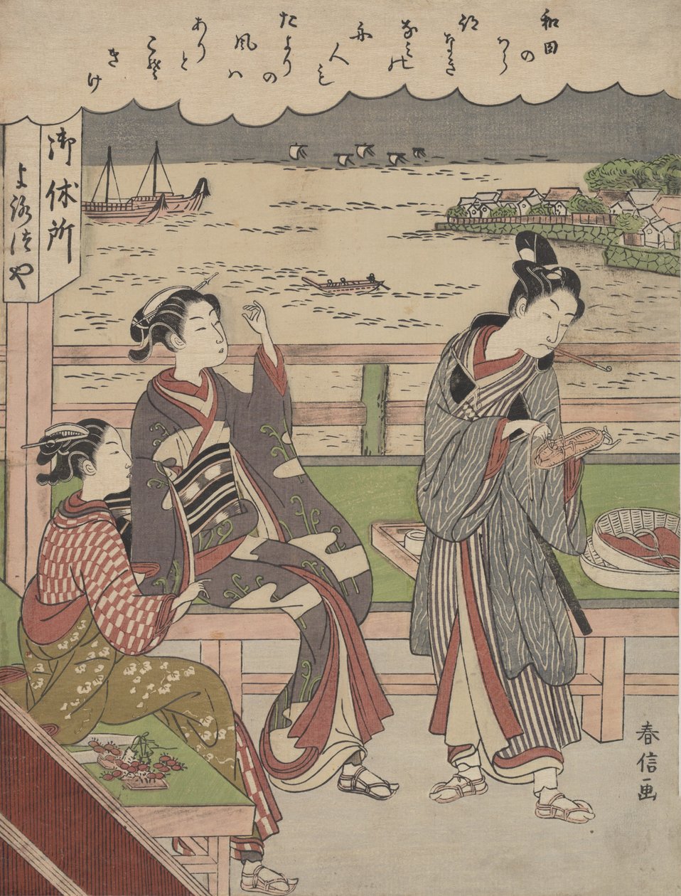 Ein Mann und zwei Frauen in einem Teehaus in Wada no Ura mit Blick auf das Meer von Suzuki Harunobu