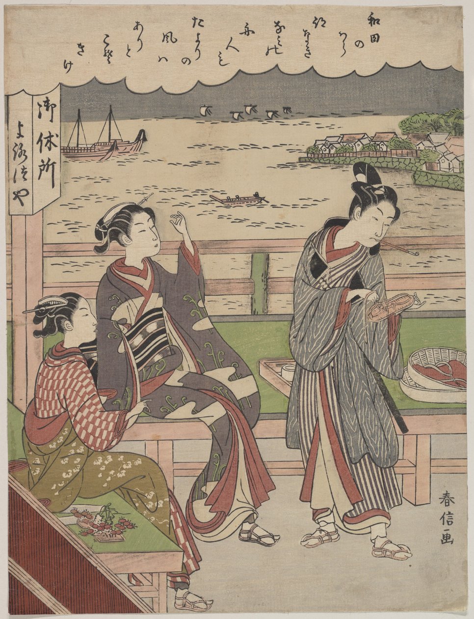 Ein Mann und zwei Frauen in einem Teehaus in Wada no Ura mit Blick auf das Meer von Suzuki Harunobu