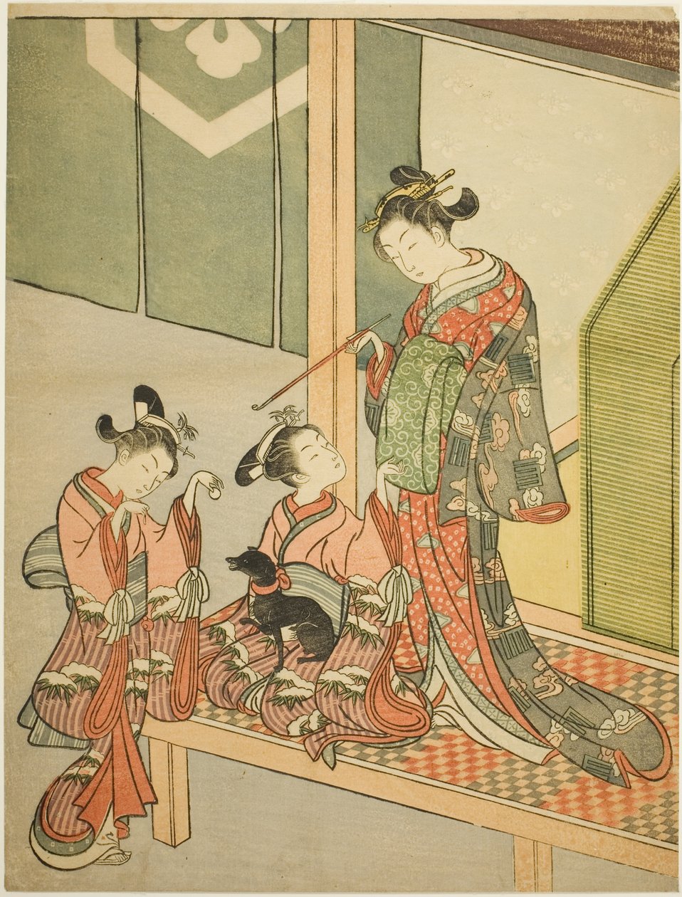 Kurtisane und zwei Begleiterinnen spielen mit einem Hund von Suzuki Harunobu
