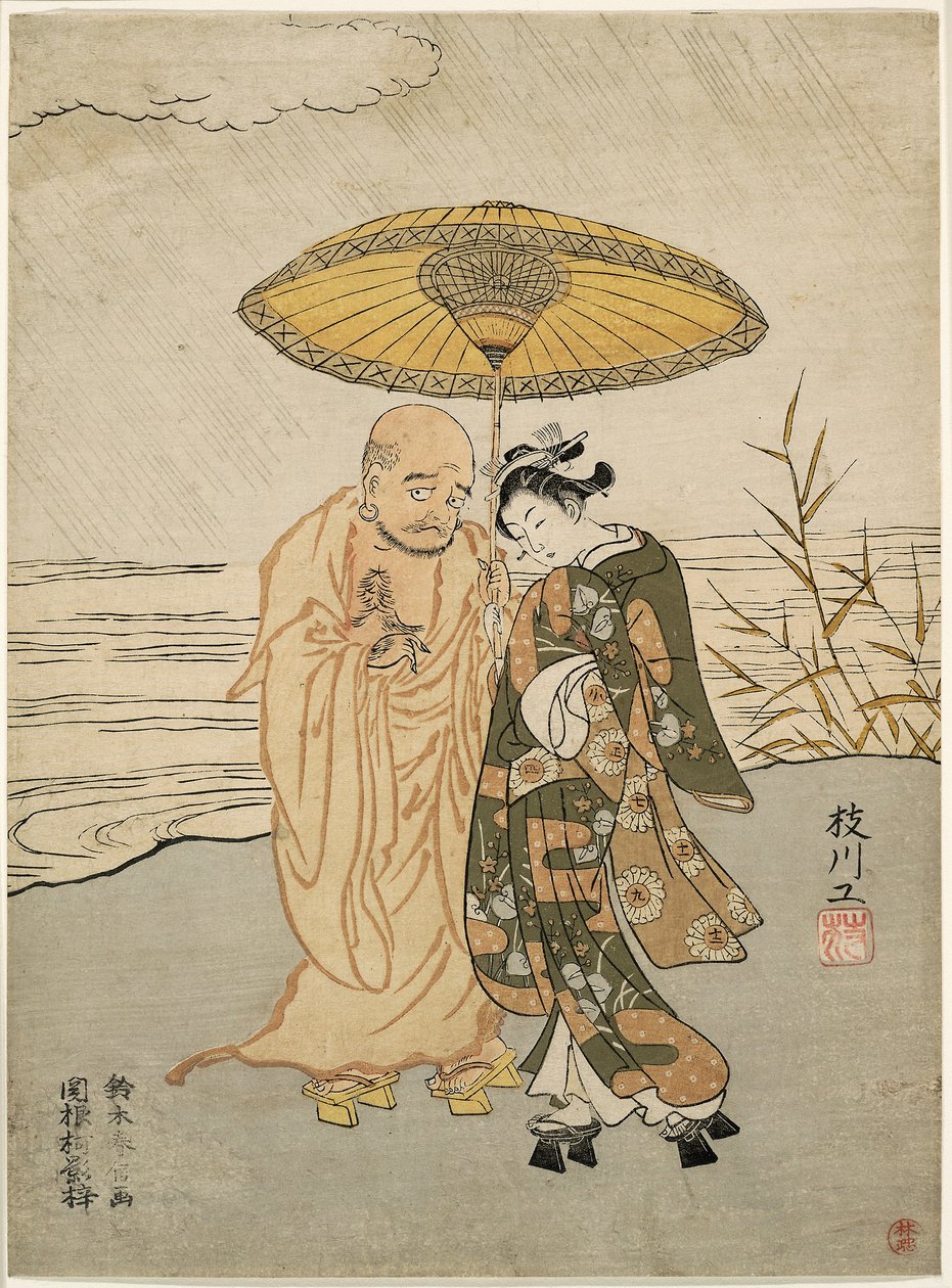 Daruma und eine junge Frau im Regen von Suzuki Harunobu