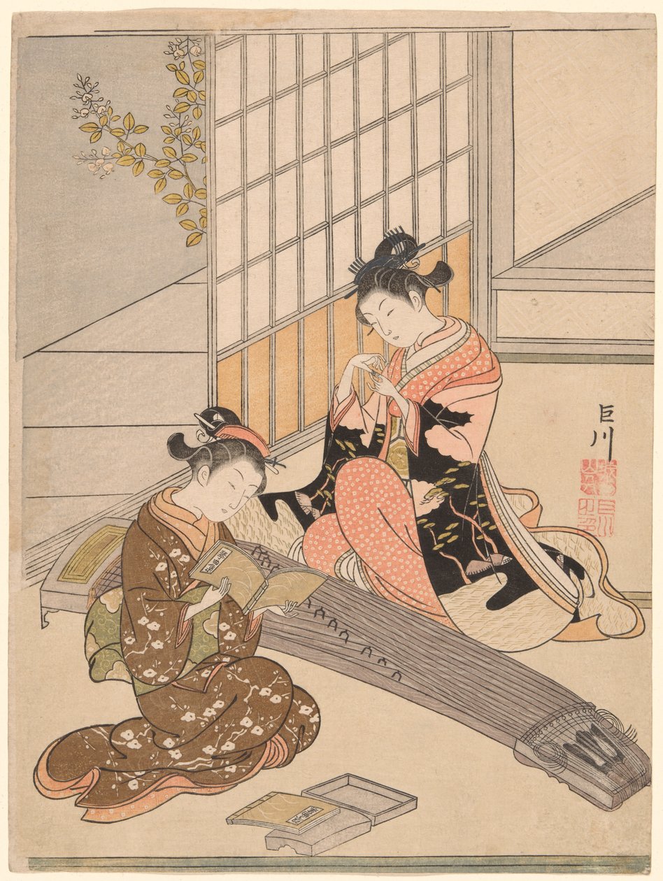 Landende Gänse der Koto-Brücken (Kotoji no rakugan), aus der Serie "Acht Ansichten des Salons (Zashiki hakkei)" von Suzuki Harunobu