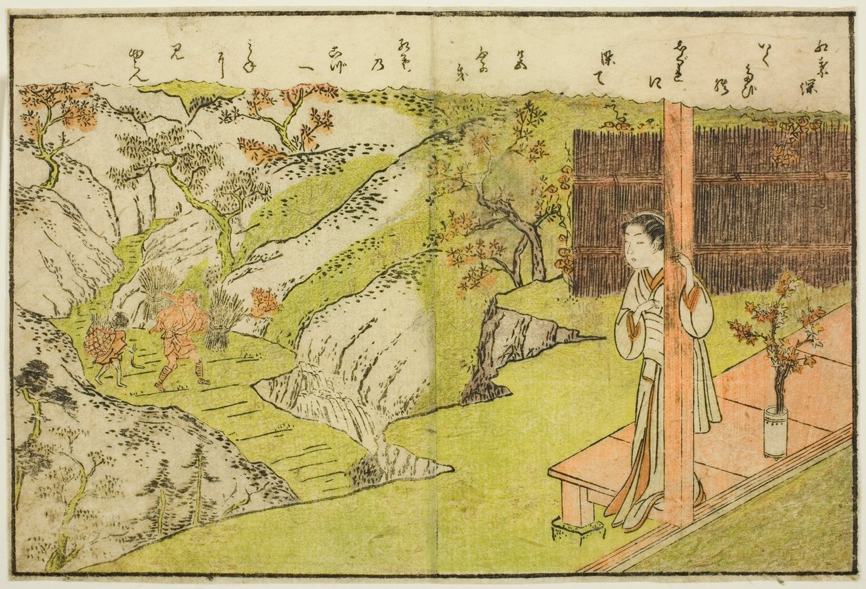 Doppelseitige Illustration aus Band 1 von "Bilderbuch der Frühlingsbrokate" von Suzuki Harunobu