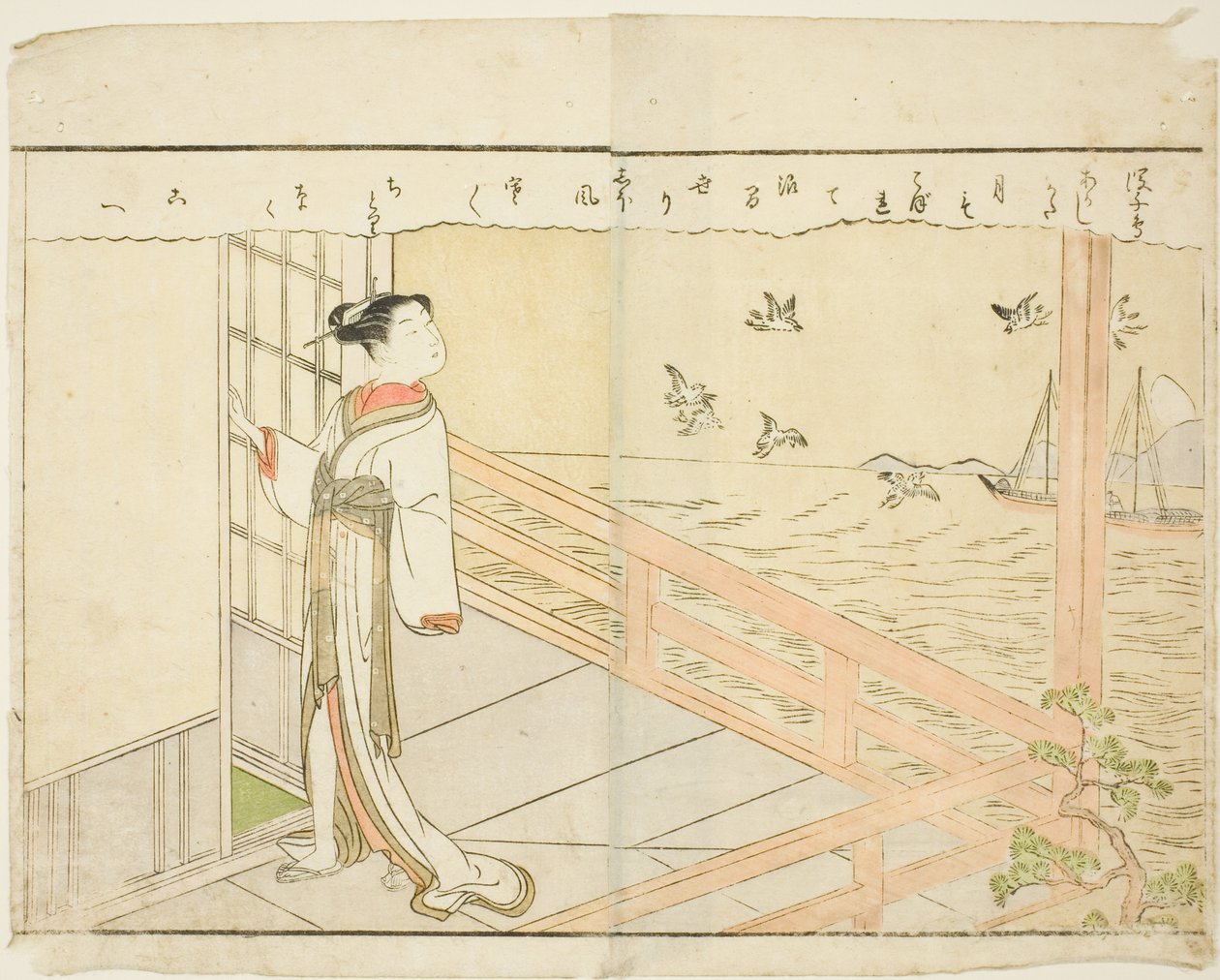 Doppelseitige Illustration aus Bd. 2 von "Bilderbuch der Frühlingsbrokate (Ehon haru no nishiki)" von Suzuki Harunobu