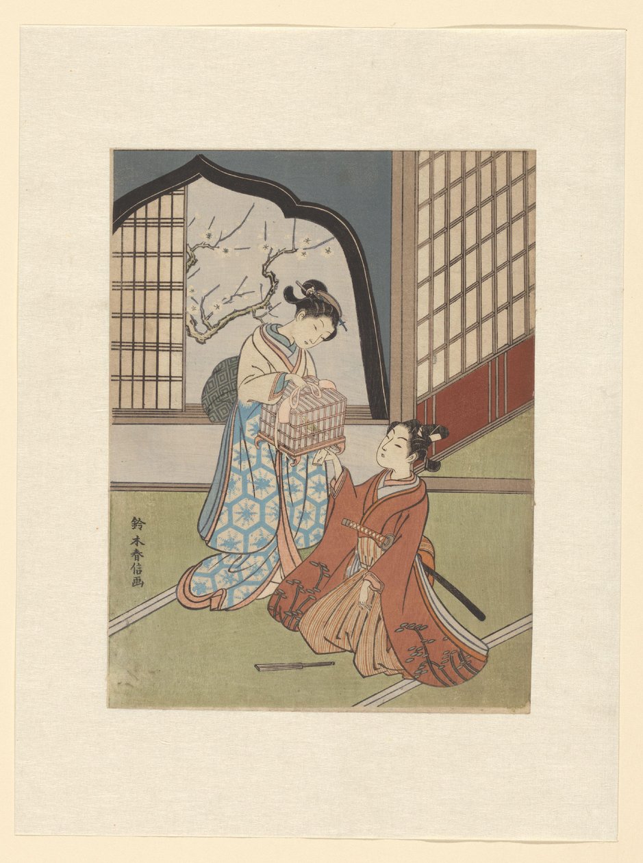 Ein Paar mit Vogelkäfig von Suzuki Harunobu