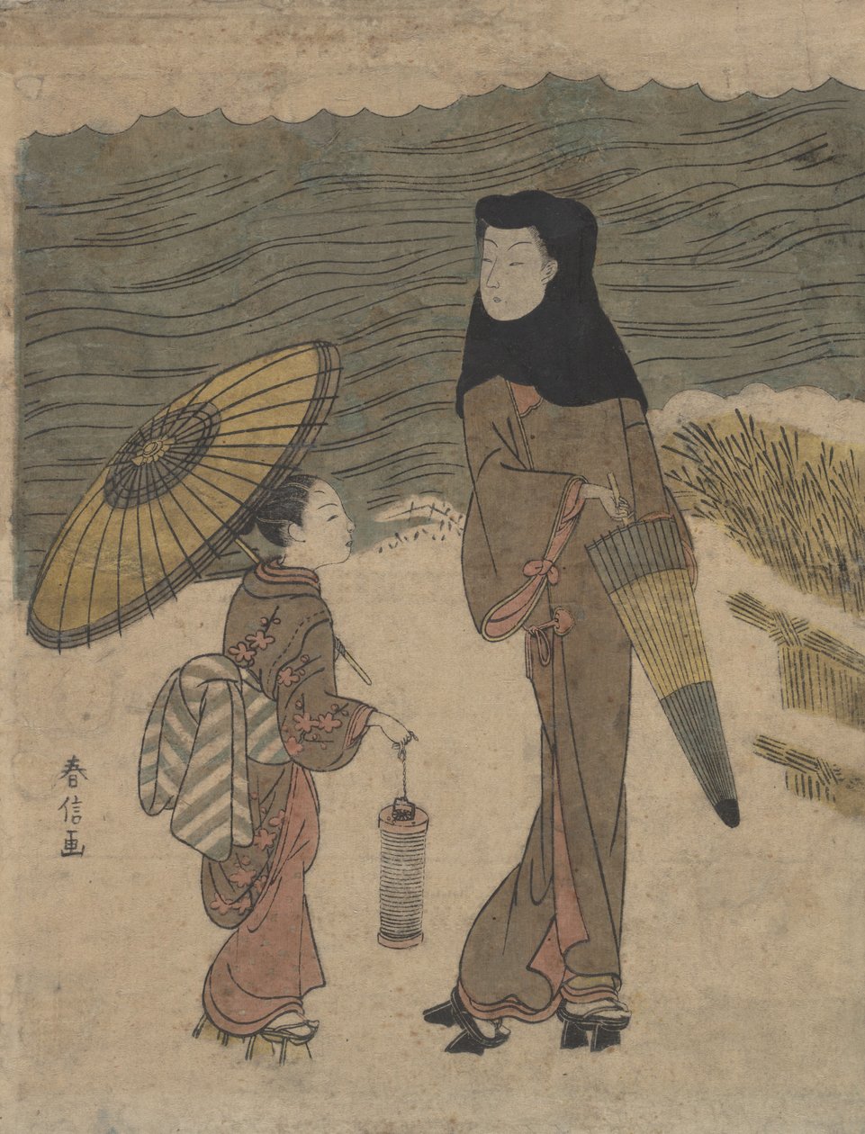 Dame mit schwarzer Kapuze und Regenschirm spaziert mit jungem Begleiter von Suzuki Harunobu