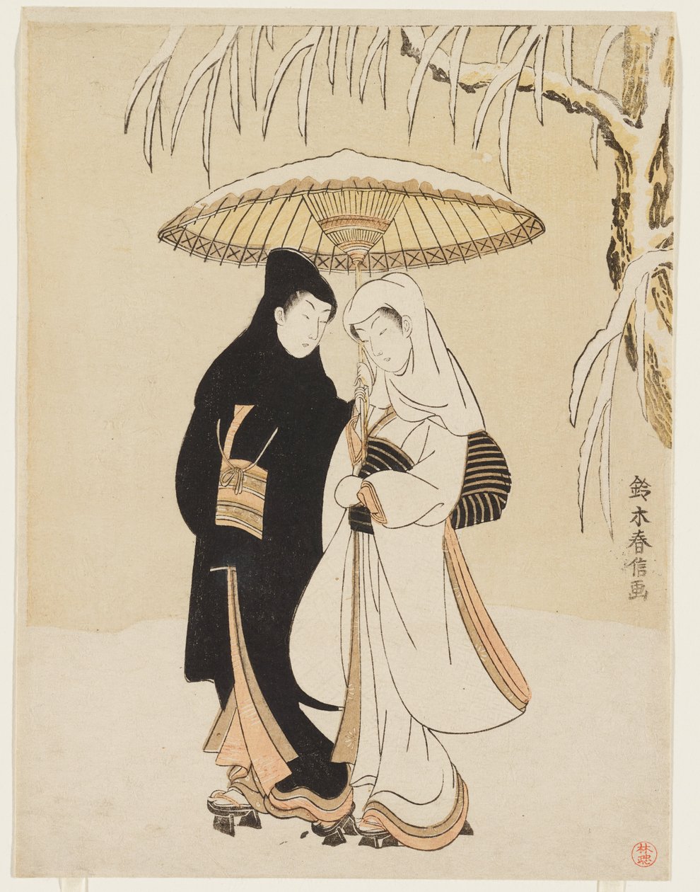 Liebende unter einem einzigen Regenschirm von Suzuki Harunobu