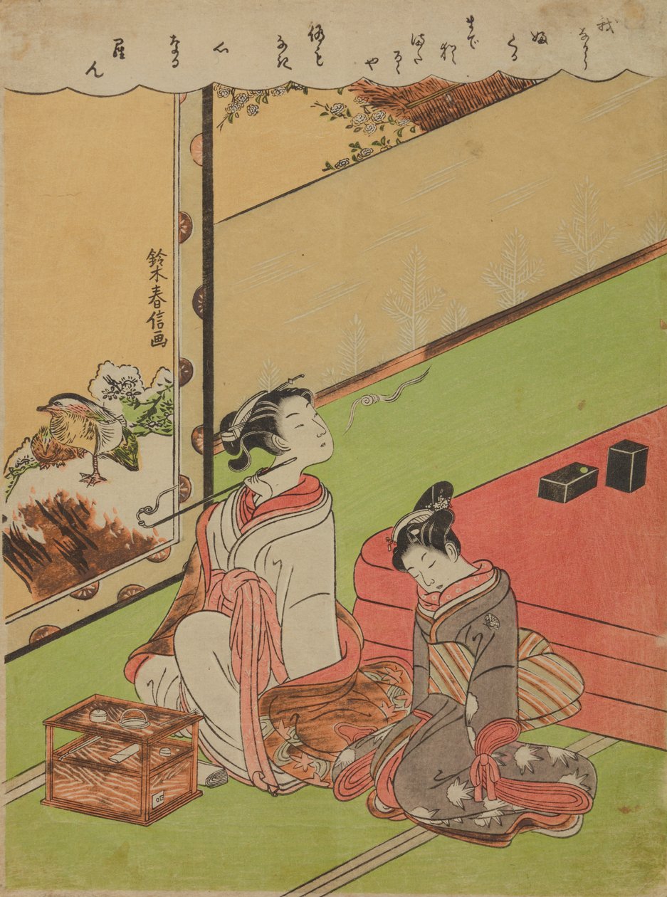 Oiran raucht Pfeife und ihre schlafende Dienerin von Suzuki Harunobu