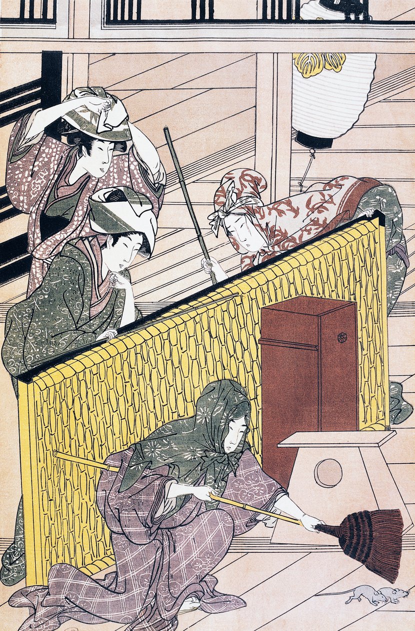 Diener jagt Mäuse im Haus, Ukiyo-e-Kunstdruck von Suzuki Harunobu (1725-1770), Holzschnitt, japanische Zivilisation, Edo-Periode von Suzuki Harunobu
