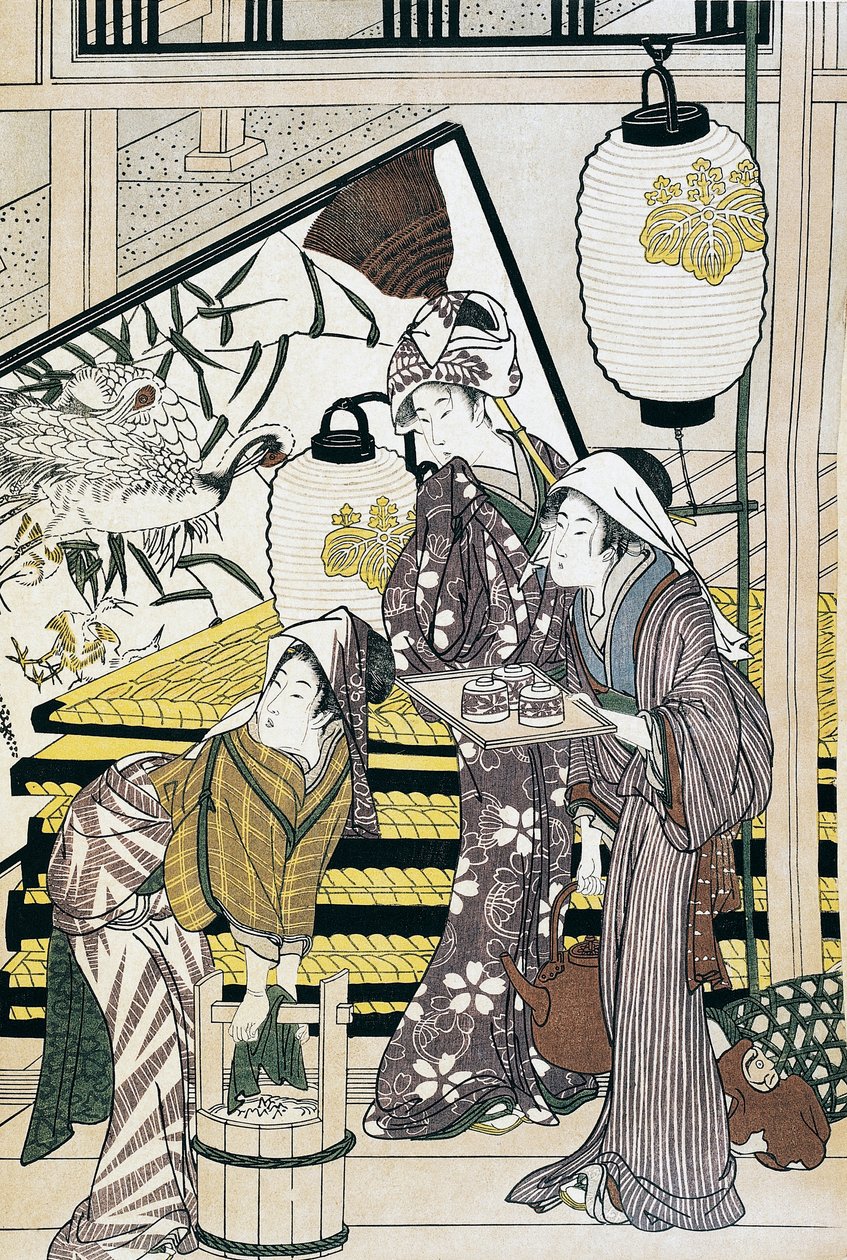 Diener, die zu Hause arbeiten, ukiyo-e Kunstwerk von Suzuki Harunobu, Holzschnitt, japanische Zivilisation, Edo-Zeit von Suzuki Harunobu