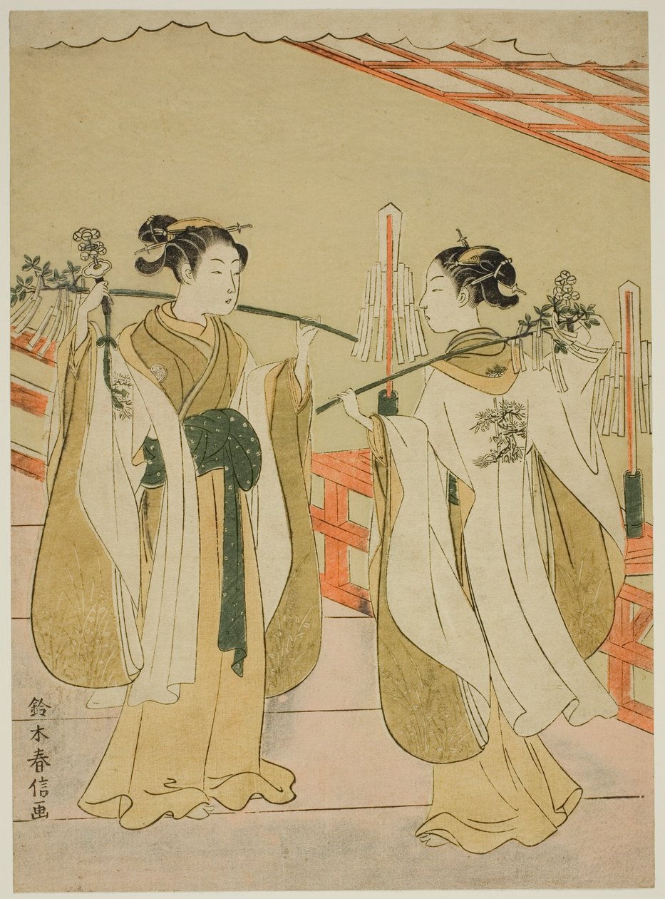 Schrein-Mädchen Onami und Ohatsu tanzen am Yushima Tenjin-Schrein von Suzuki Harunobu