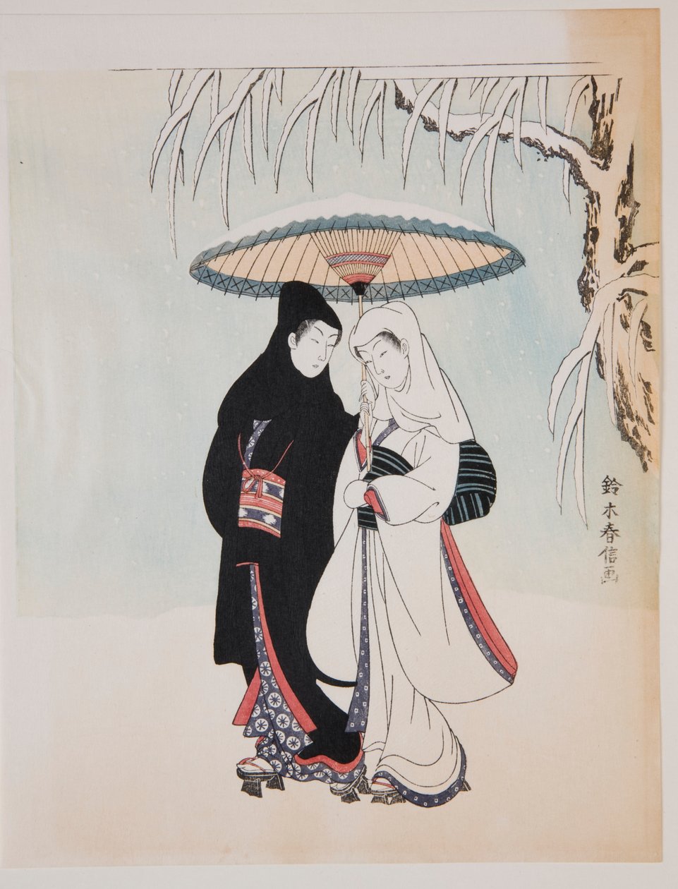 Spaziergang unter einem Regenschirm im Schnee von Suzuki Harunobu