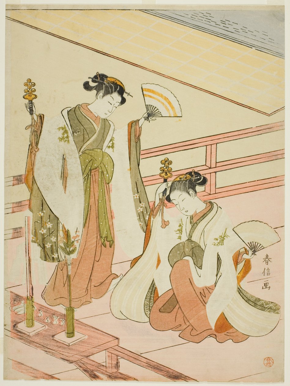 Der Tanz der Schrein-Mädchen Ohatsu und Onami von Suzuki Harunobu