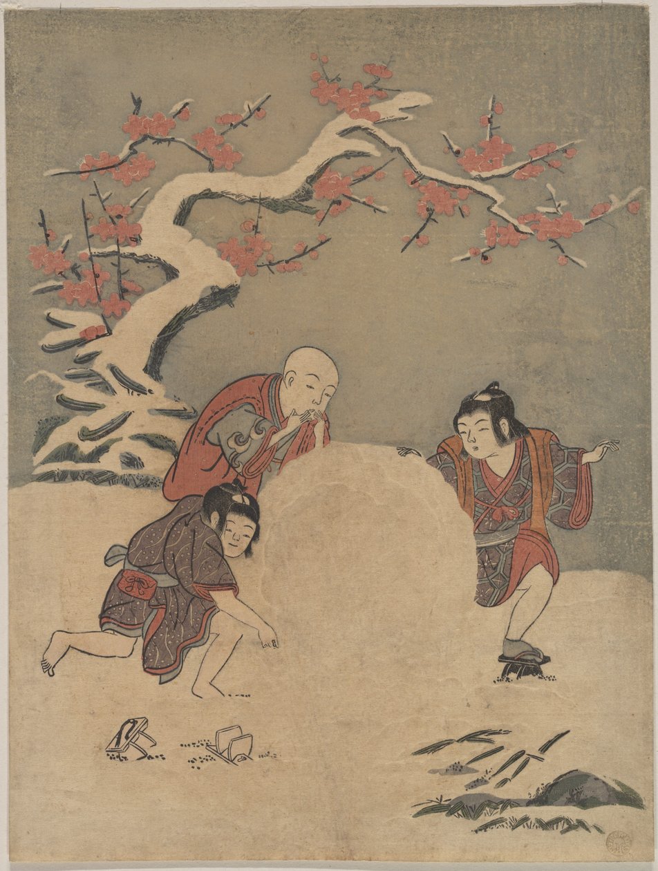 Drei Jungen bauen einen Schneemann von Suzuki Harunobu