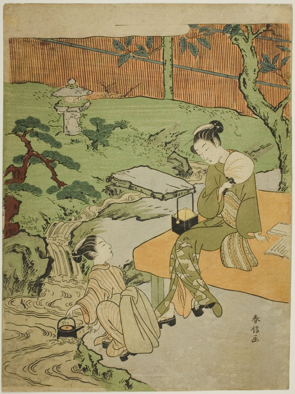 Zwei Mädchen genießen die Abendkühle im Garten von Suzuki Harunobu
