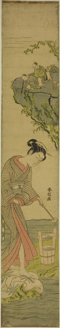 Zwei Weise, die eine Schönheit beim Tuchstampfen betrachten (Parodie auf Kume Sennin) von Suzuki Harunobu