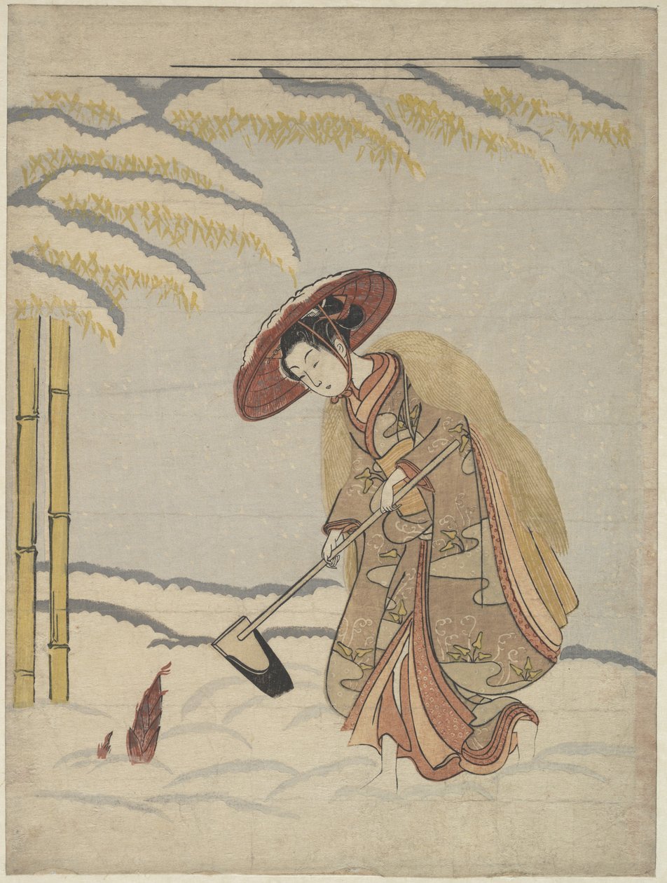 Frau beim Ausgraben von Bambussprossen im Schnee oder Parodie auf Meng Zong (Mōsō), aus „Vierundzwanzig Vorbilder kindlicher Pietät“ von Suzuki Harunobu