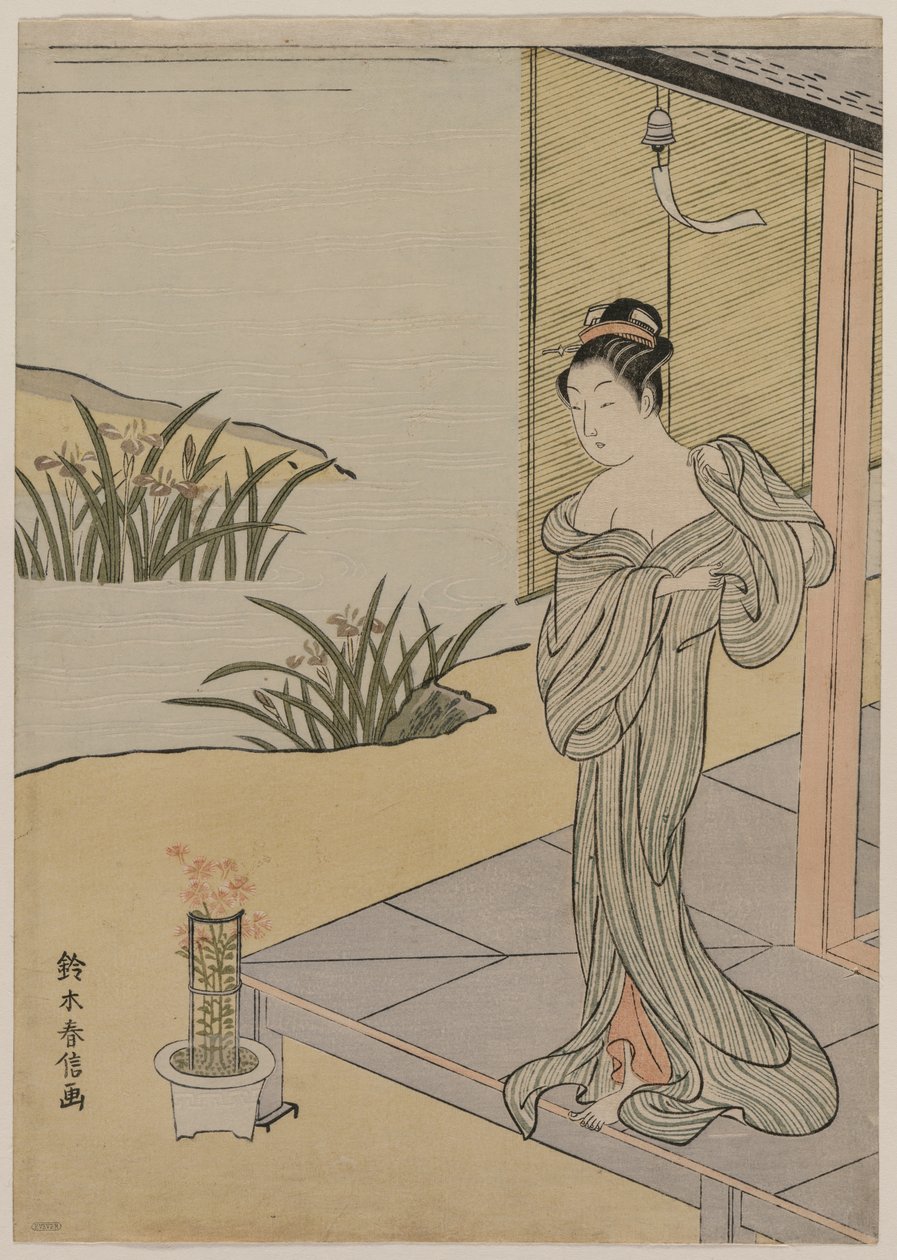 Junge Frau betrachtet einen Topf Nelken, ca. 1767 von Suzuki Harunobu