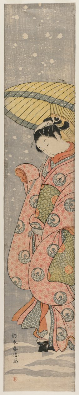 Junge Frau unter einem Regenschirm im Schnee, 1767-1768 von Suzuki Harunobu