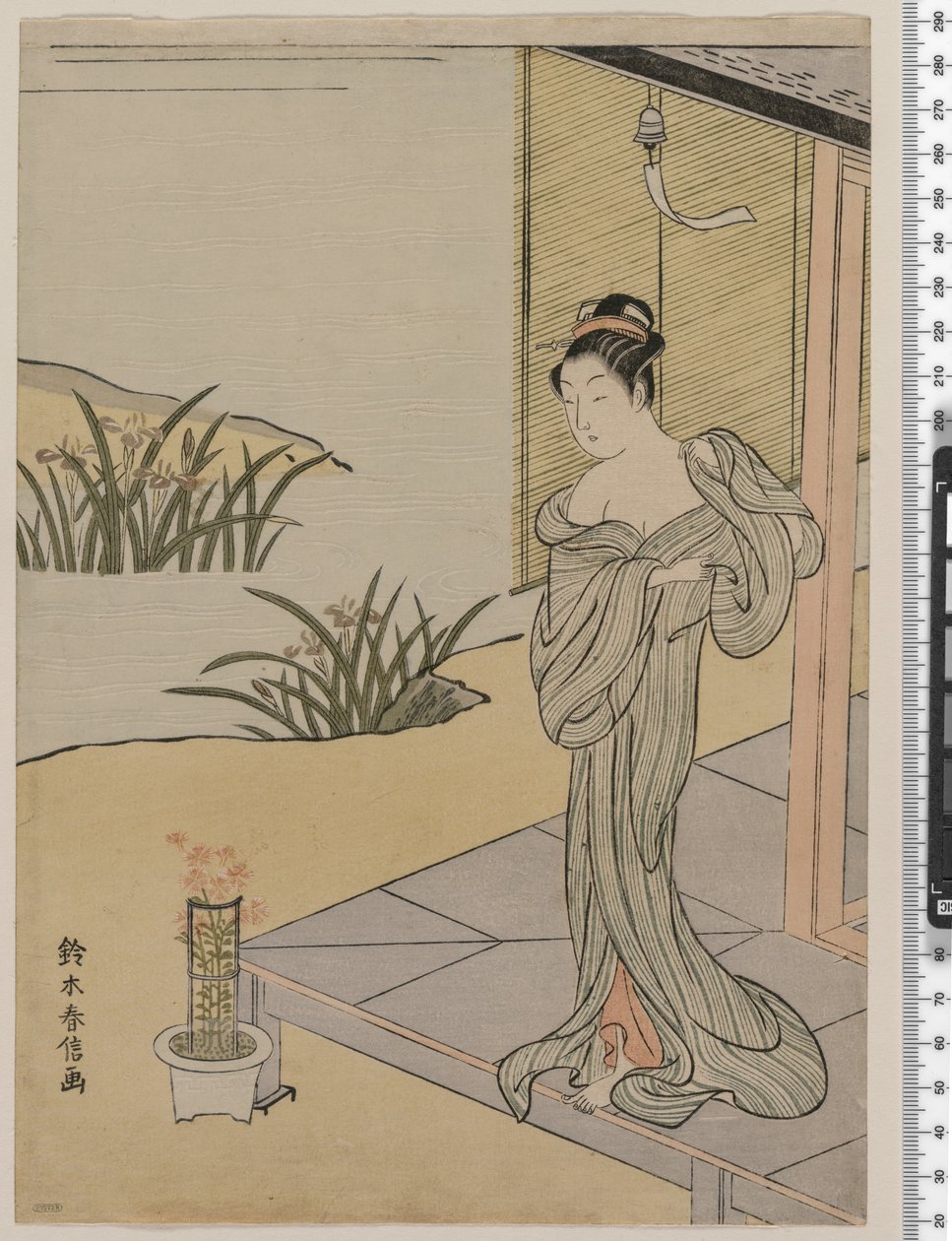 Junge Frau, die einen Topf Nelken betrachtet, ca. 1767 von Suzuki Harunobu