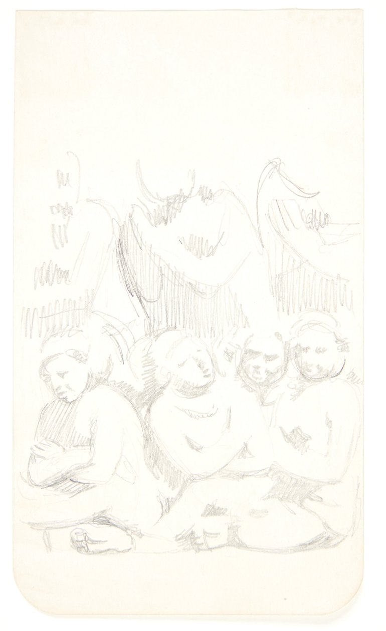 Gruppe mit sitzenden Figuren mit verschränkten Armen im Vordergrund. Studienblatt nach Reliefs in Borobudur, Java. von Svend Rathsack