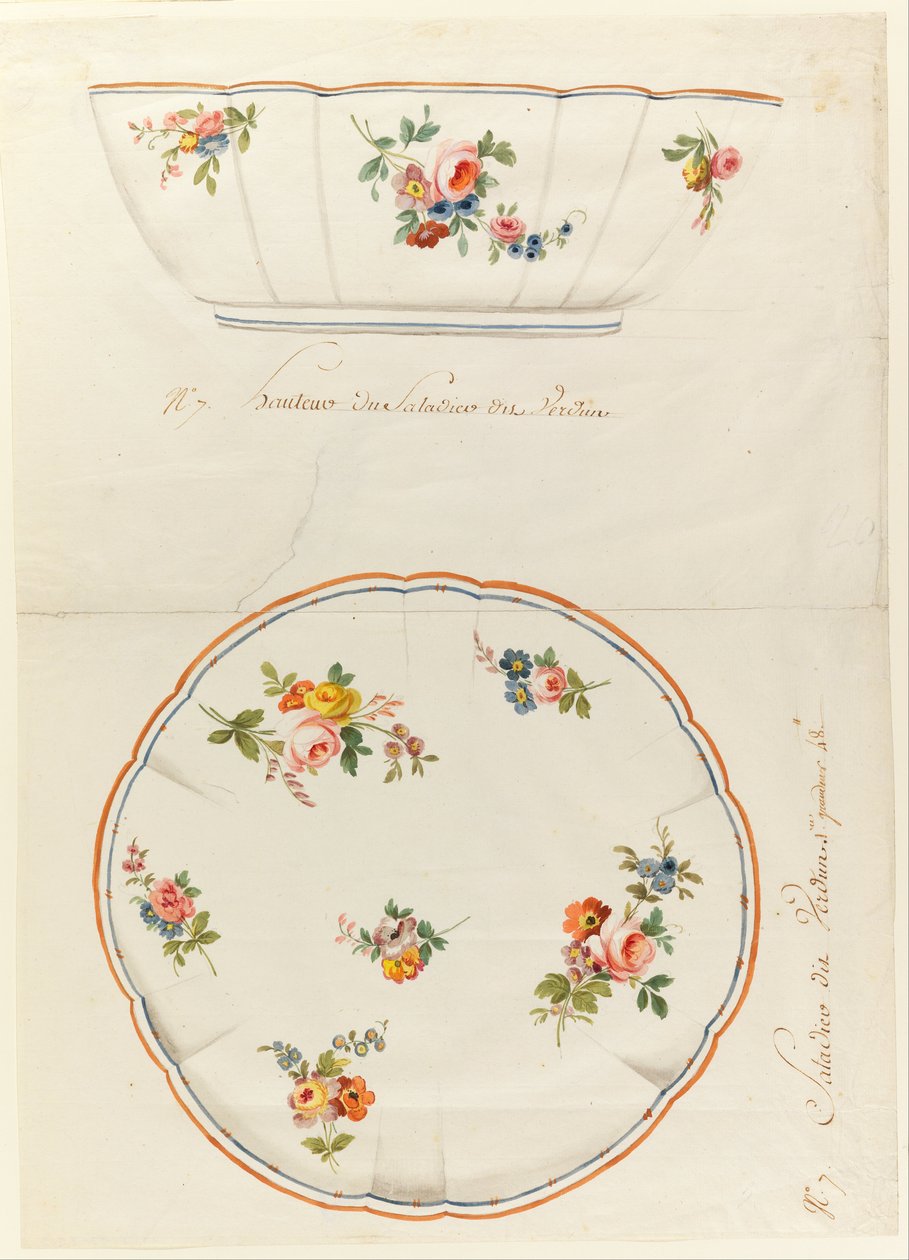 Entwurf für eine bemalte Porzellanschüssel mit gewelltem Rand, für die Porzellanmanufaktur Sèvres von Sèvres Porcelain Manufactory