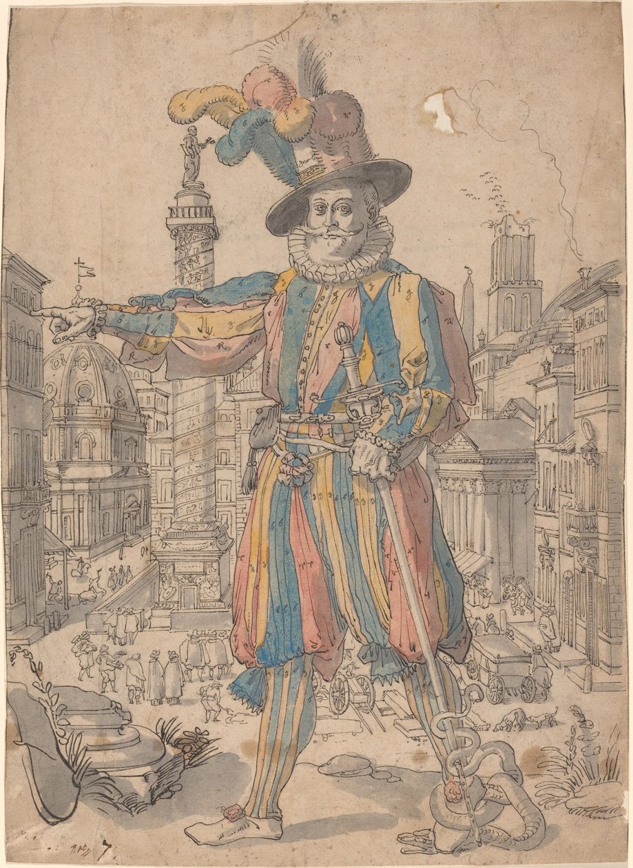 Giovanni Grosso von der Schweizergarde vor einer Ansicht von Rom von Swiss 17th Century after Francesco Villamena