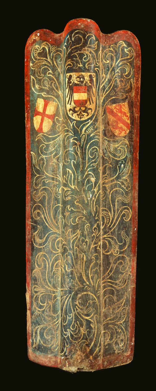 Ein seltener Schweizer Pavese aus Holz, bedeckt mit Gesso bemalter Leinwand mit grünem Rankenmuster und den Wappenschildern von Habsburg, der Liga von St. Georg und der Stadt Winterthur, ca. 1445 von Swiss School