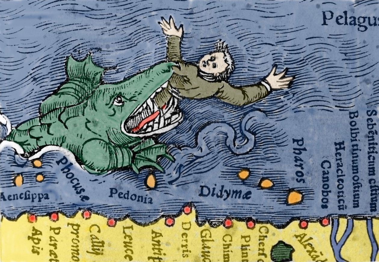 Seemonster frisst einen Menschen, Illustration aus 