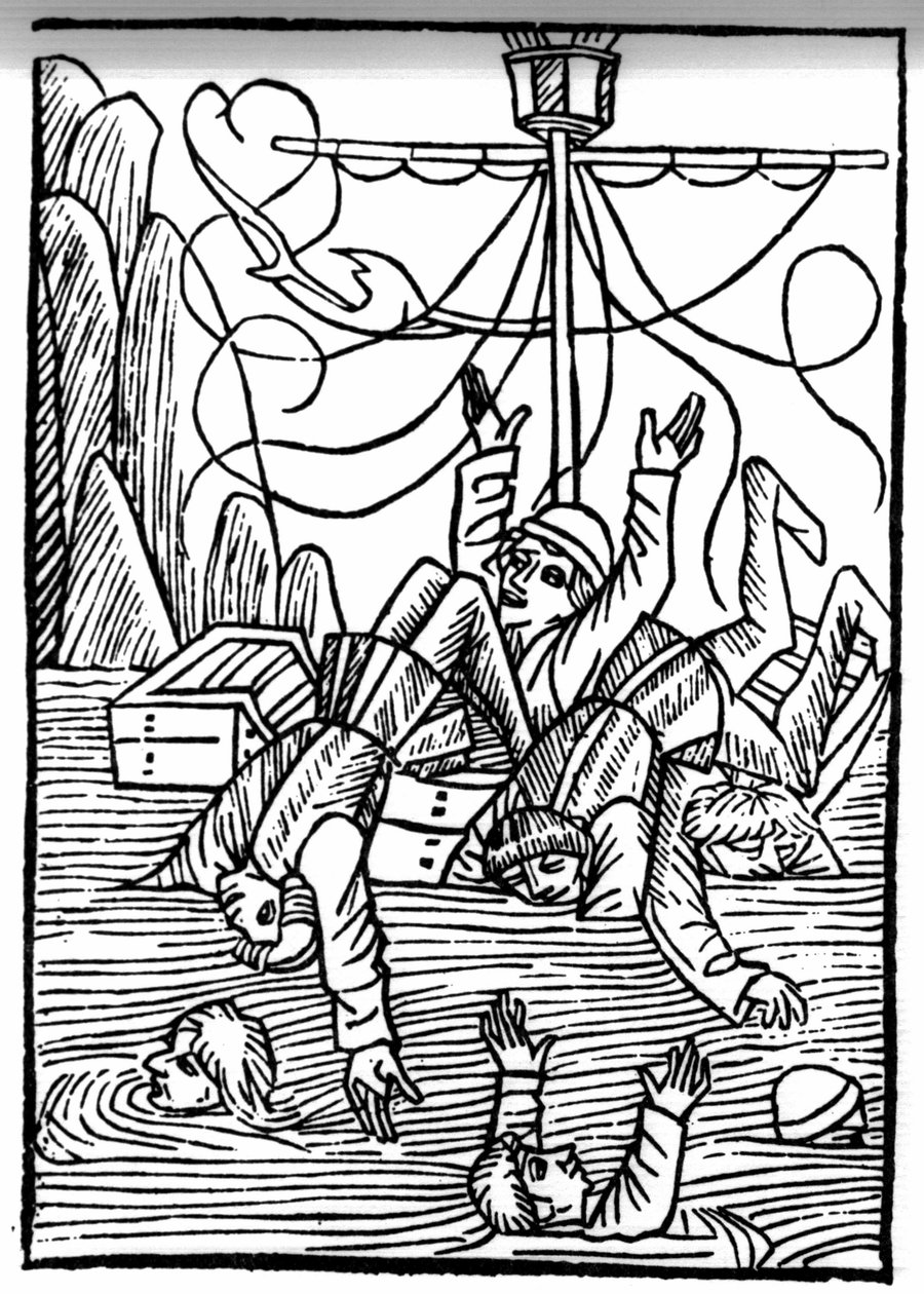 Die Legende von Sankt Brendan (Brandan), Held und irischer Heiliger des 6. Jahrhunderts. Schiffe sinken im Cleves-Meer. Gravur aus „Die Wunderbare Meerfahrt des Hl. Brandan“. Basel von Swiss School