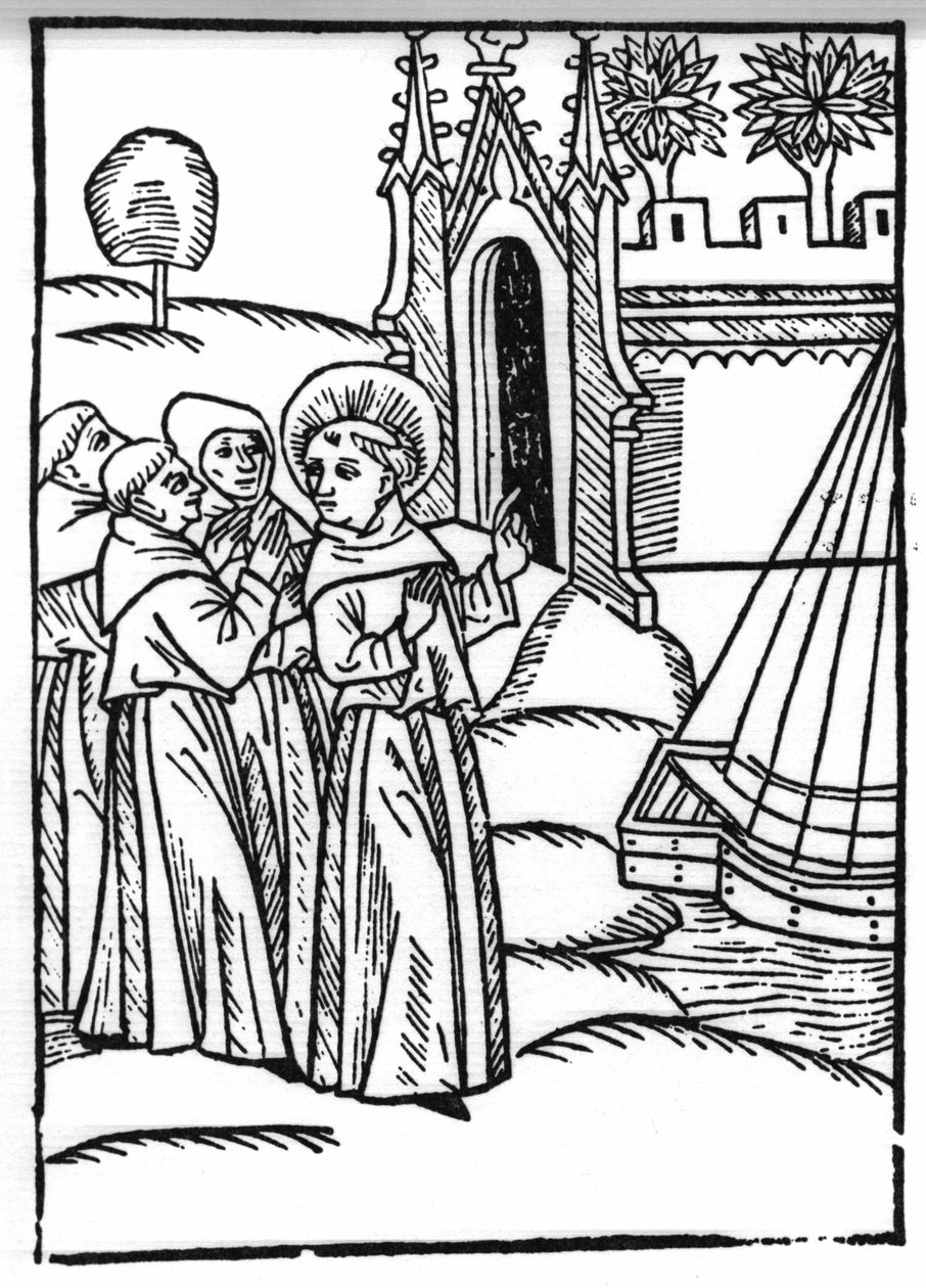 Die Legende von Sankt Brendan (Brandan), Held und irischer Heiliger des 6. Jahrhunderts. Die Mönche und Sankt Brendan entdecken das irdische Paradies. Gravur aus „Die Wunderbare Meerfahrt des Hl. Brandan“. Basel von Swiss School