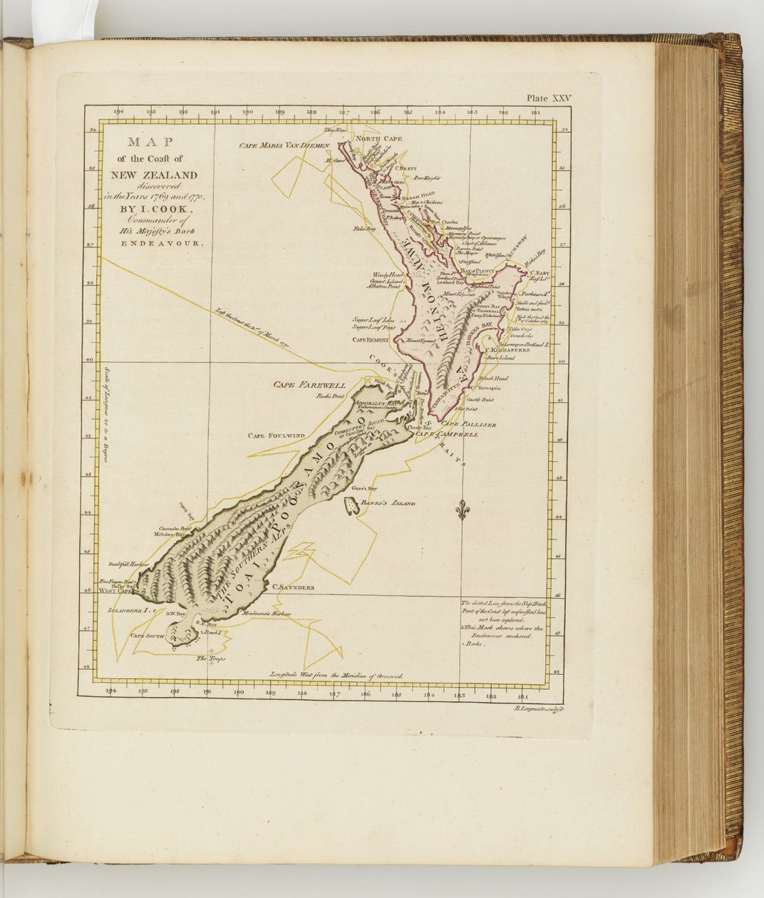 Karte der Küste Neuseelands, Illustration aus A journal of a voyage to the South Seas : in His Majestys ship, the Endeavour, 1794 von Sydney
