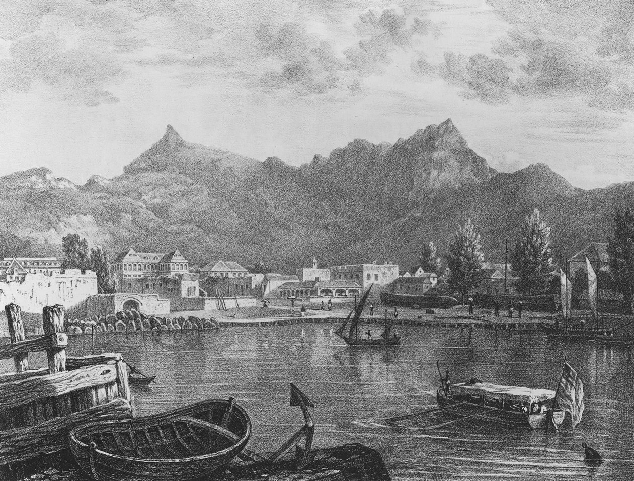 Port Louis, Mauritius, von der östlichen Seite des Hafens, ca. 1830 (Lithographie) von T. (after) Bradshaw