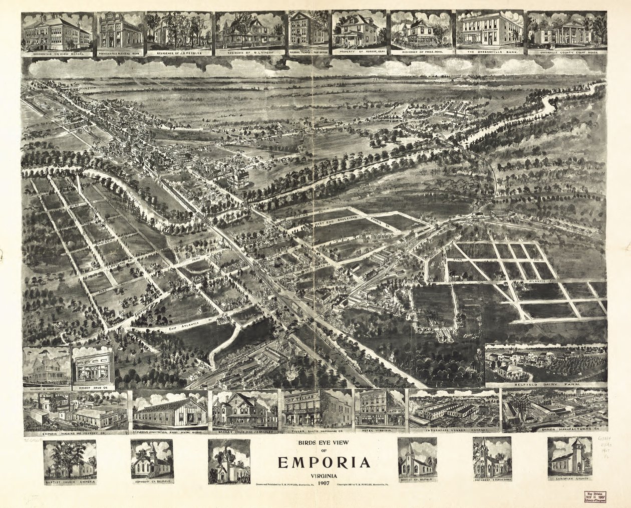 Vogelperspektive von Emporia, Virginia 1907 von T. M. Fowler