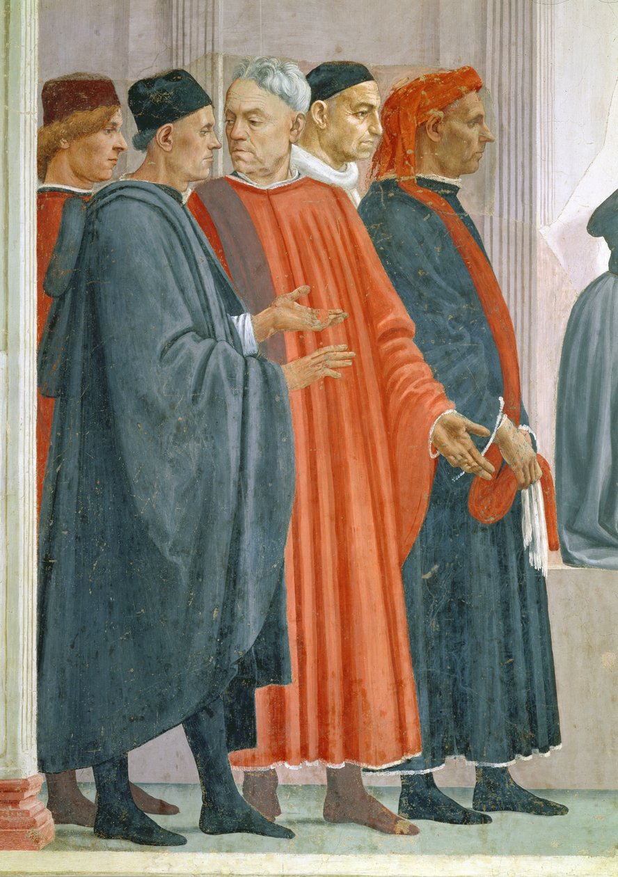 Die Auferweckung des Sohnes des Theophilus, König von Antiochia, Detail der Würdenträger am Hof des Königs von Antiochia, ca. 1480 Fresko von Tommaso Masaccio