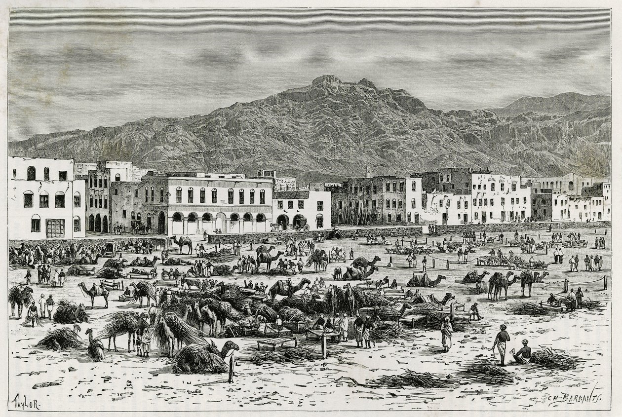 Der Marsch von Aden (Jemen). Taylors Gravur zur Illustration der Geschichte „Reise nach Benadir, Somalis und Bayoun“ 1882-1883, von M.G. Revoil. Veröffentlicht in Le Tour du monde, nouveau journal des voyages von T Taylor