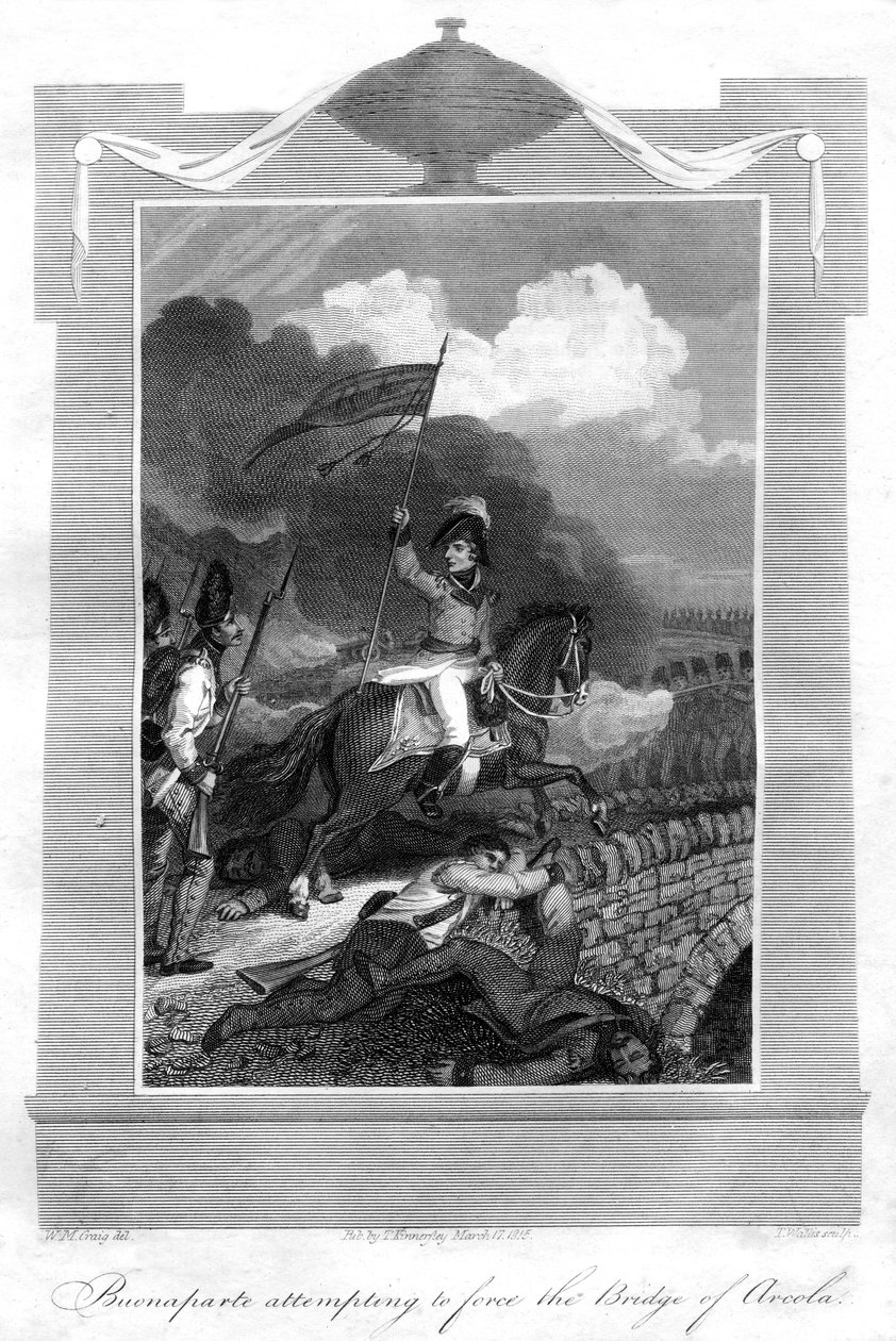 Napoleon Bonaparte versucht, die Brücke von Arcola zu erzwingen, 1816 von T. Wallis