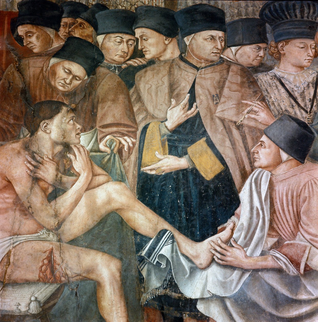 Pflege der Kranken in einem Krankenhaus, Krankenschwestern waschen die Füße eines verwundeten Pilgers (Detail). Fresko von Taddeo di Bartolo (1363-1422) 14. Jahrhundert Siena, Spedale di Santa Maria della Scala von Taddeo di Bartolo