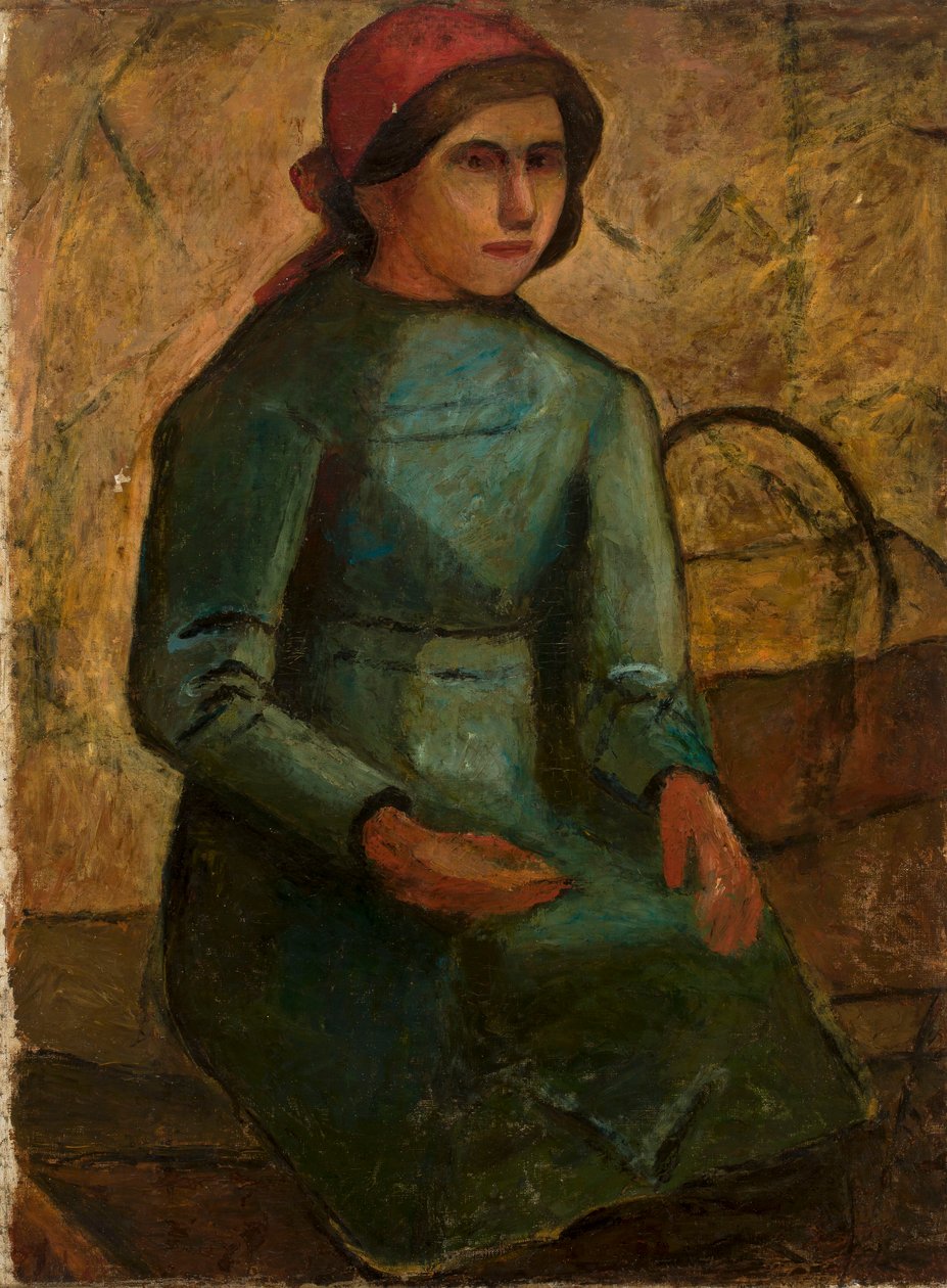 Mädchen im grünen Kleid mit Korb von Tadeusz Makowski