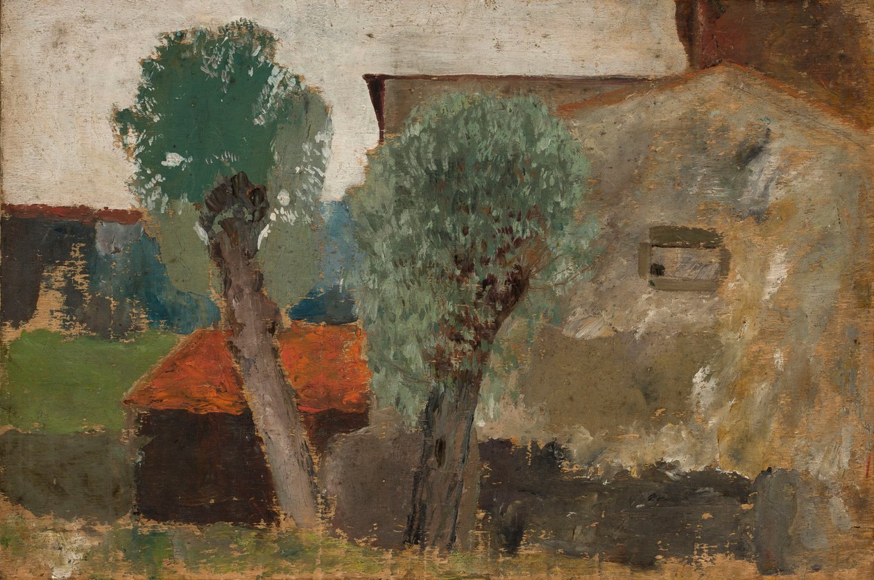 Fragment eines Hauses mit zwei Bäumen von Tadeusz Makowski